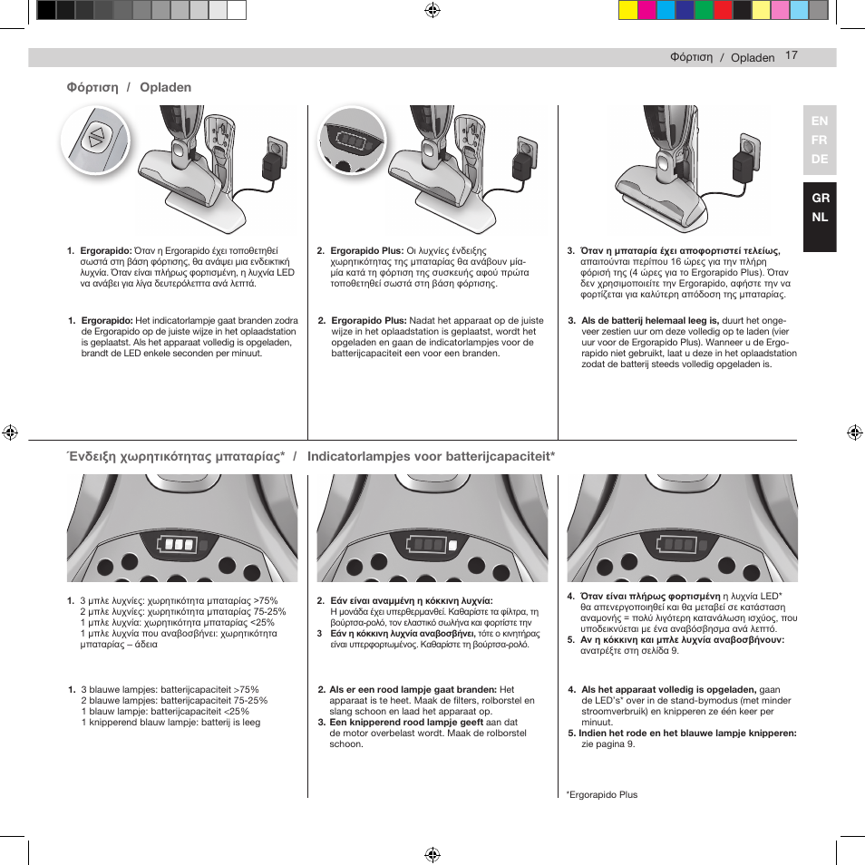 Opladen indicatorlampjes voor batterijcapaciteit, Φόρτιση / ένδειξη χωρητικότητας μπαταρίας | AEG AG943 User Manual | Page 19 / 30