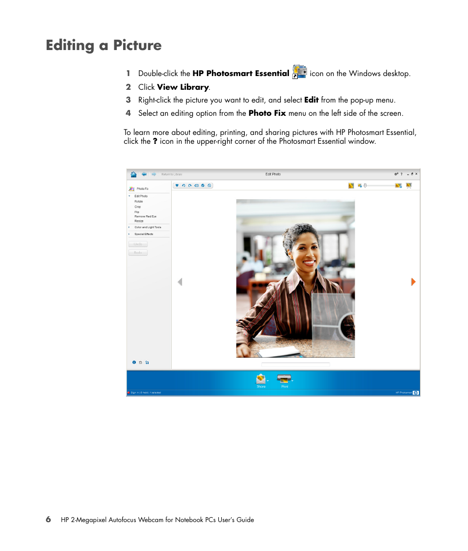 Editing a picture | HP 2-Megapixel Autofocus Webcam User Manual | Page 10 / 16