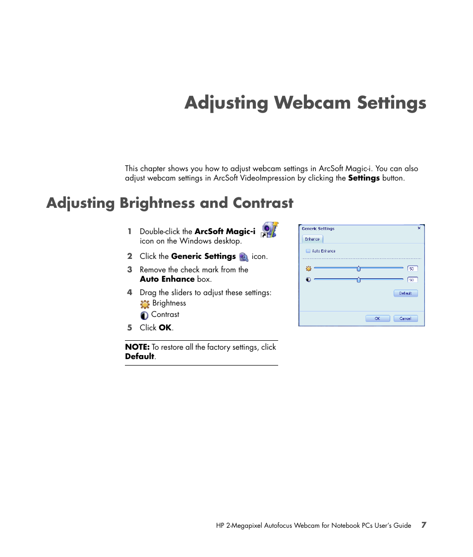 Adjusting webcam settings, Adjusting brightness and contrast | HP 2-Megapixel Autofocus Webcam User Manual | Page 11 / 16