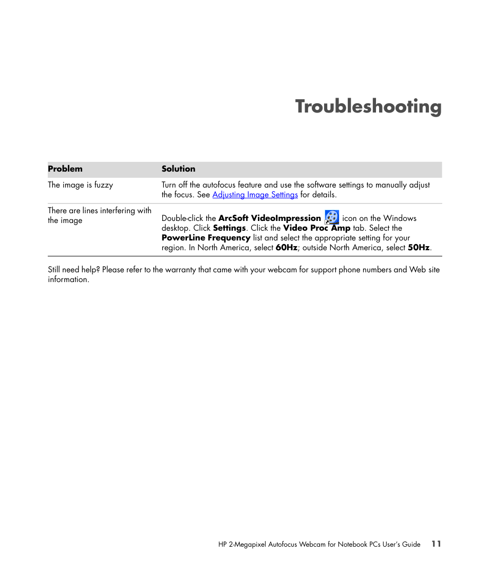 Troubleshooting | HP 2-Megapixel Autofocus Webcam User Manual | Page 15 / 16