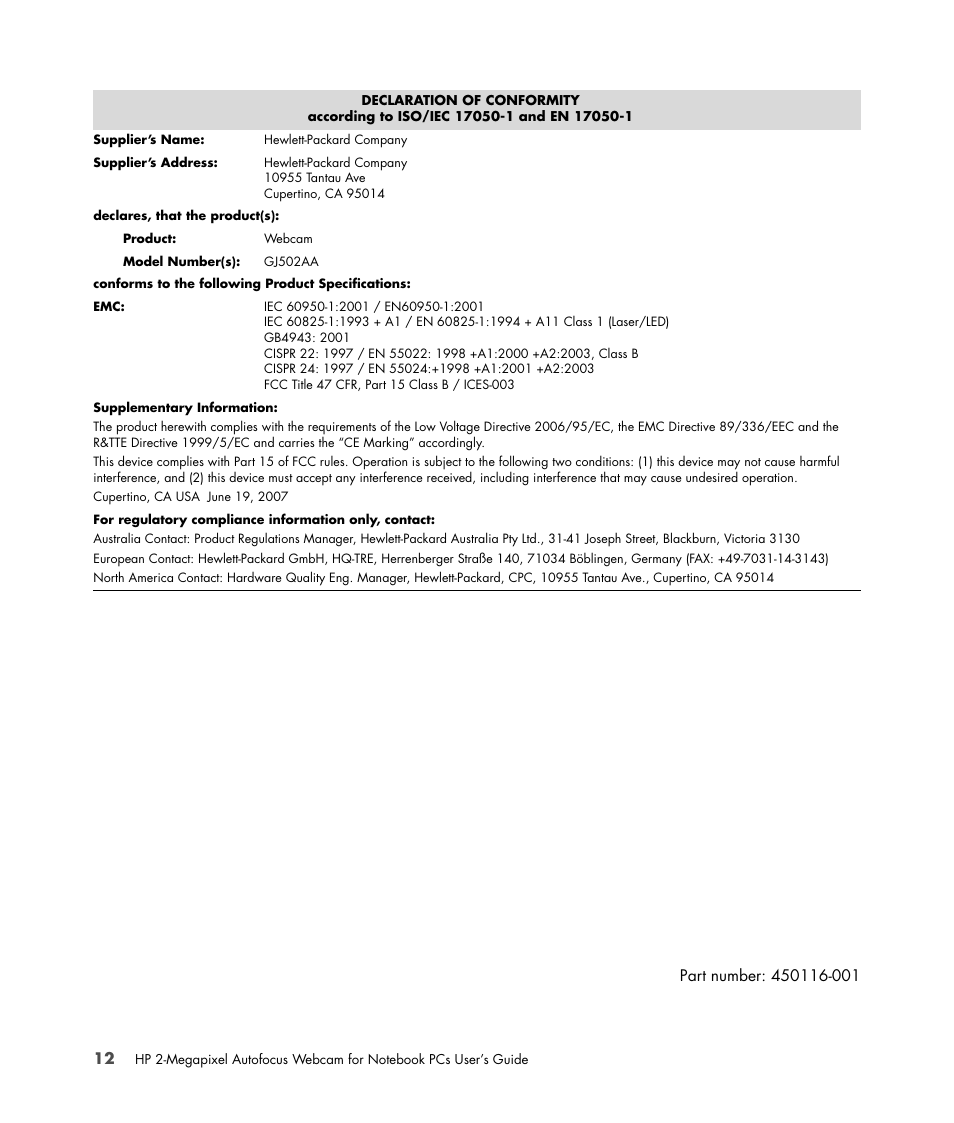 HP 2-Megapixel Autofocus Webcam User Manual | Page 16 / 16