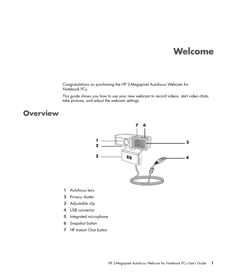 Welcome, Overview, Elcome overview | HP 2-Megapixel Autofocus Webcam User Manual | Page 5 / 16