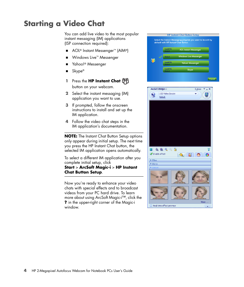 Starting a video chat | HP 2-Megapixel Autofocus Webcam User Manual | Page 8 / 16