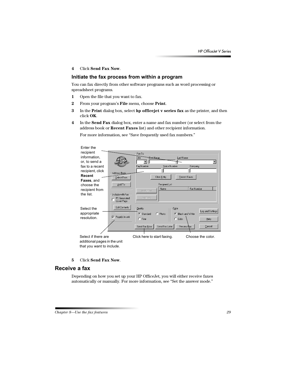 Qlwldwh wkh id[ surfhvv iurp zlwklq d surjudp, 5hfhlyh d id | HP Officejet v40 All-in-One Printer User Manual | Page 33 / 56