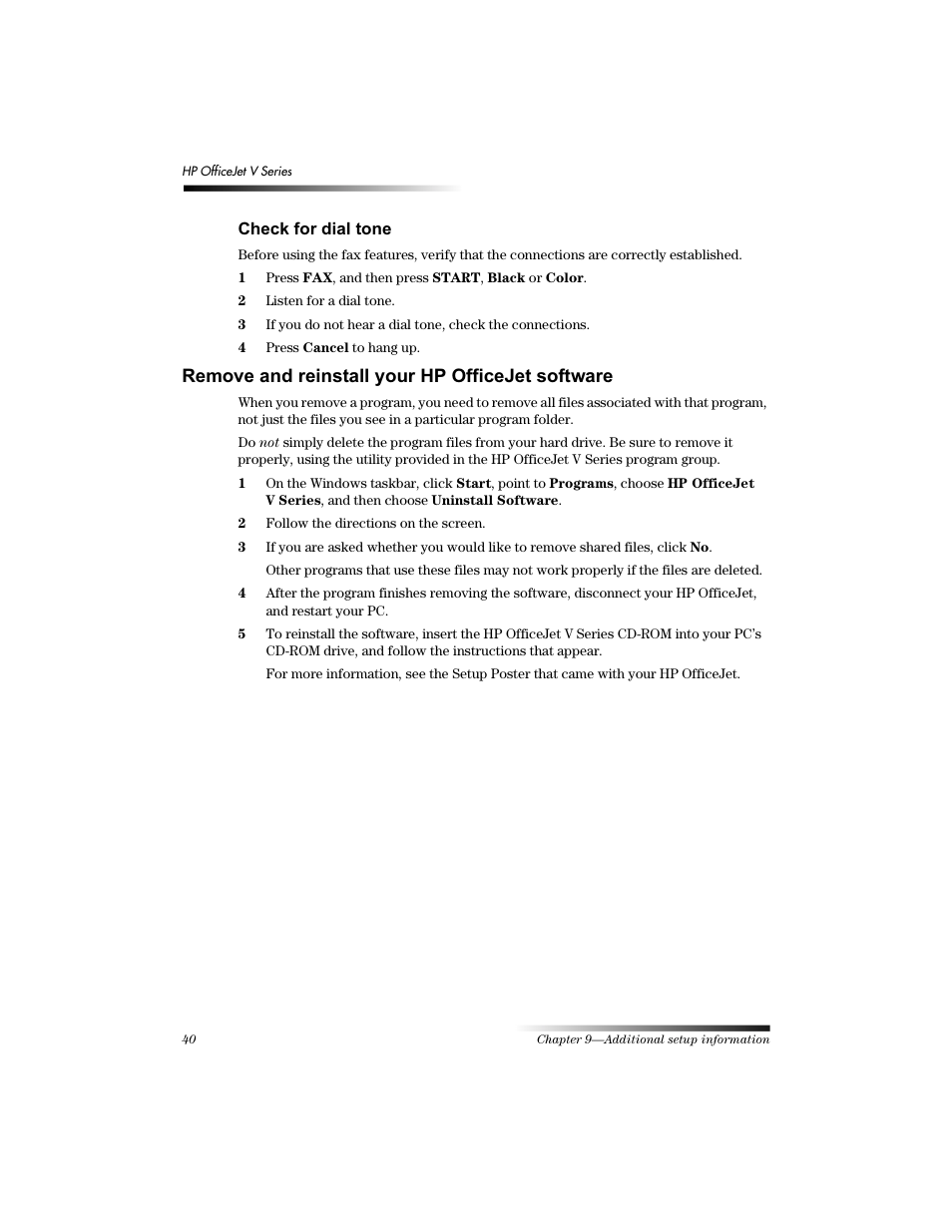 Khfn iru gldo wrqh, 5hpryh dqg uhlqvwdoo \rxu +3 2iilfh-hw vriwzduh | HP Officejet v40 All-in-One Printer User Manual | Page 44 / 56