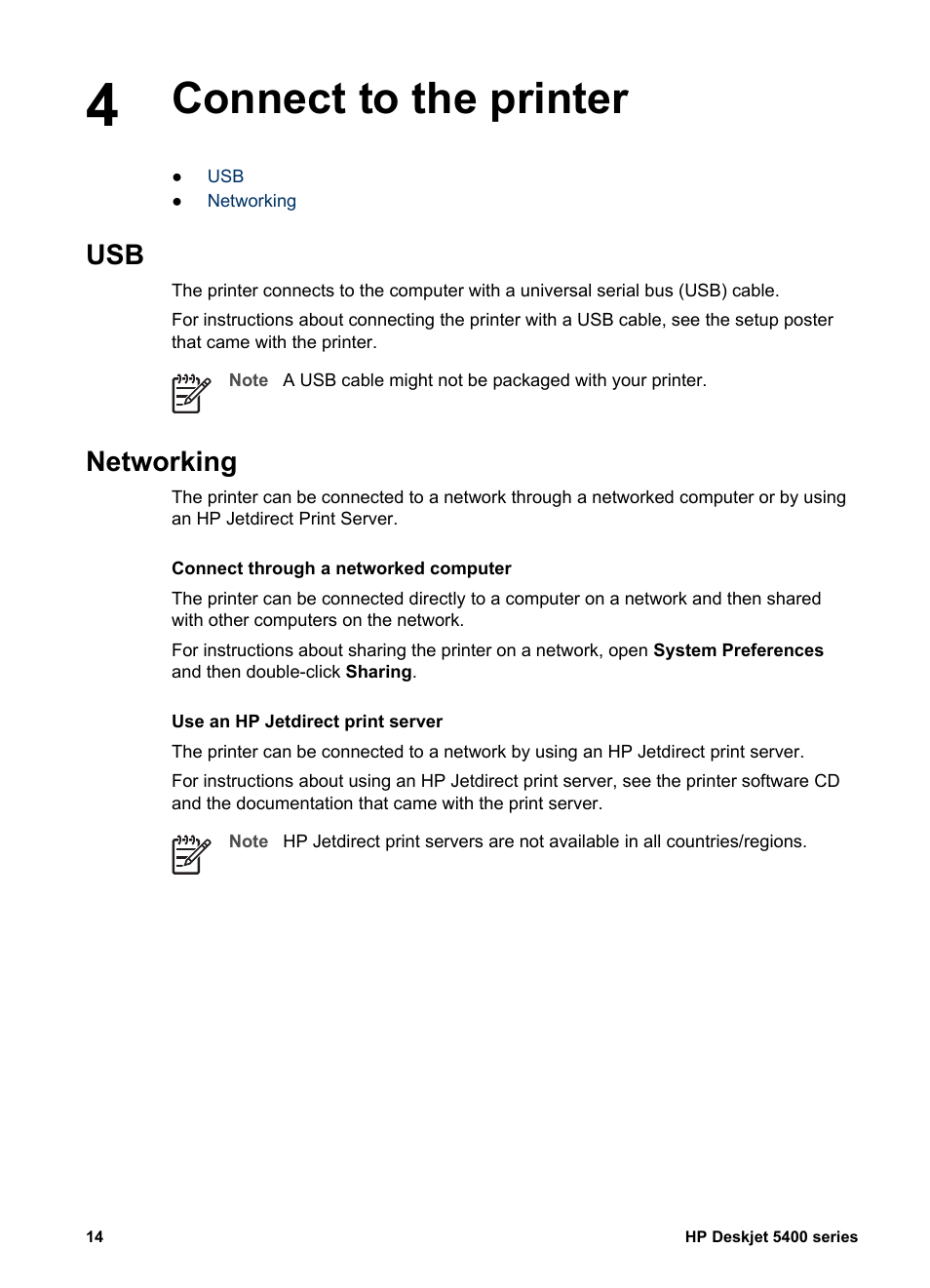 Connect to the printer, Networking, Connect to the printer usb networking | HP Deskjet 5440 Photo Printer User Manual | Page 16 / 80