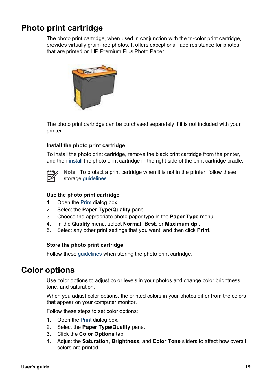 Photo print cartridge, Color options, Photo print cartridge color options | Photo print, Cartridge, Colors with | HP Deskjet 5440 Photo Printer User Manual | Page 21 / 80