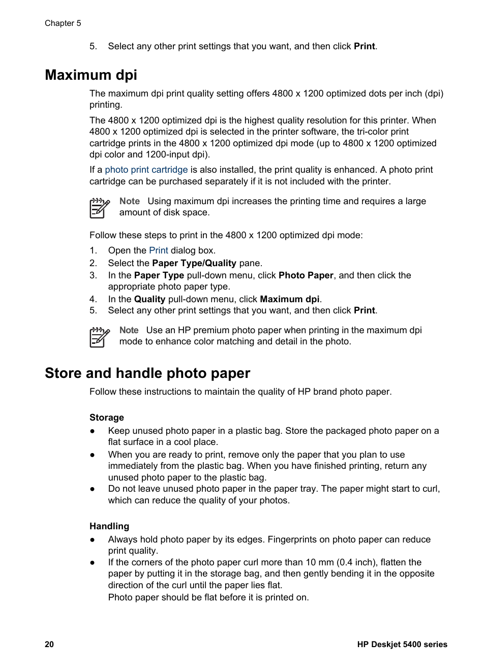 Maximum dpi, Store and handle photo paper, Maximum dpi store and handle photo paper | With, Photo paper storage and, Handling guidelines, Photo paper storage instructions | HP Deskjet 5440 Photo Printer User Manual | Page 22 / 80
