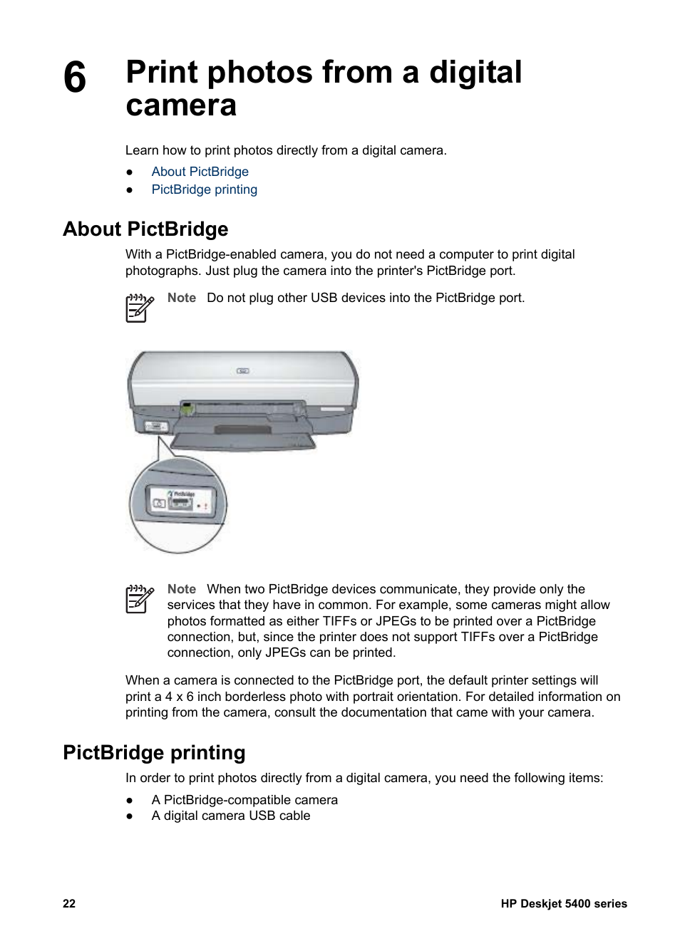 Print photos from a digital camera, About pictbridge, Pictbridge printing | Pictbridge, Pictbridge port | HP Deskjet 5440 Photo Printer User Manual | Page 24 / 80