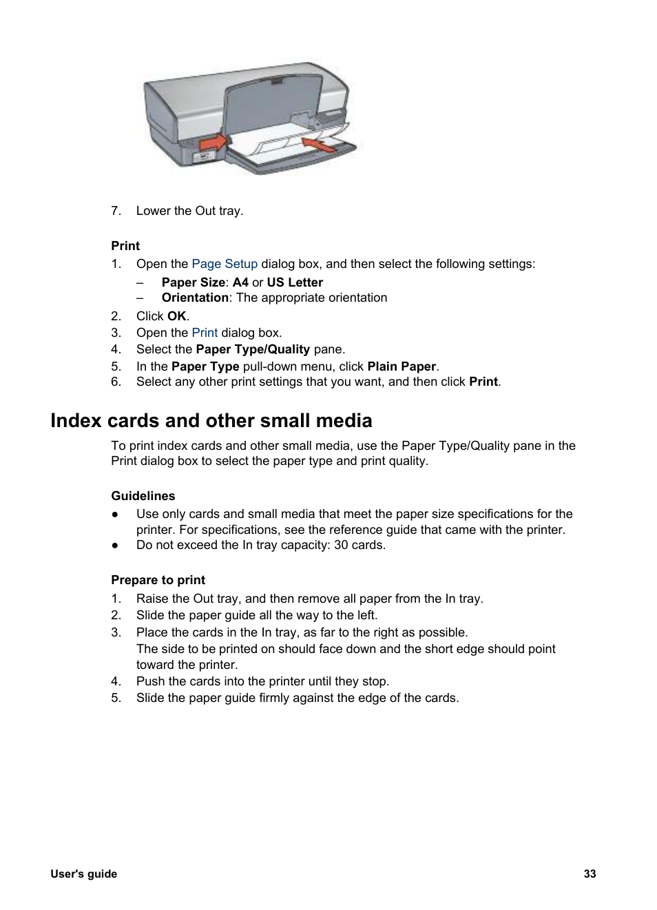 Index cards and other small media, Index cards | HP Deskjet 5440 Photo Printer User Manual | Page 35 / 80