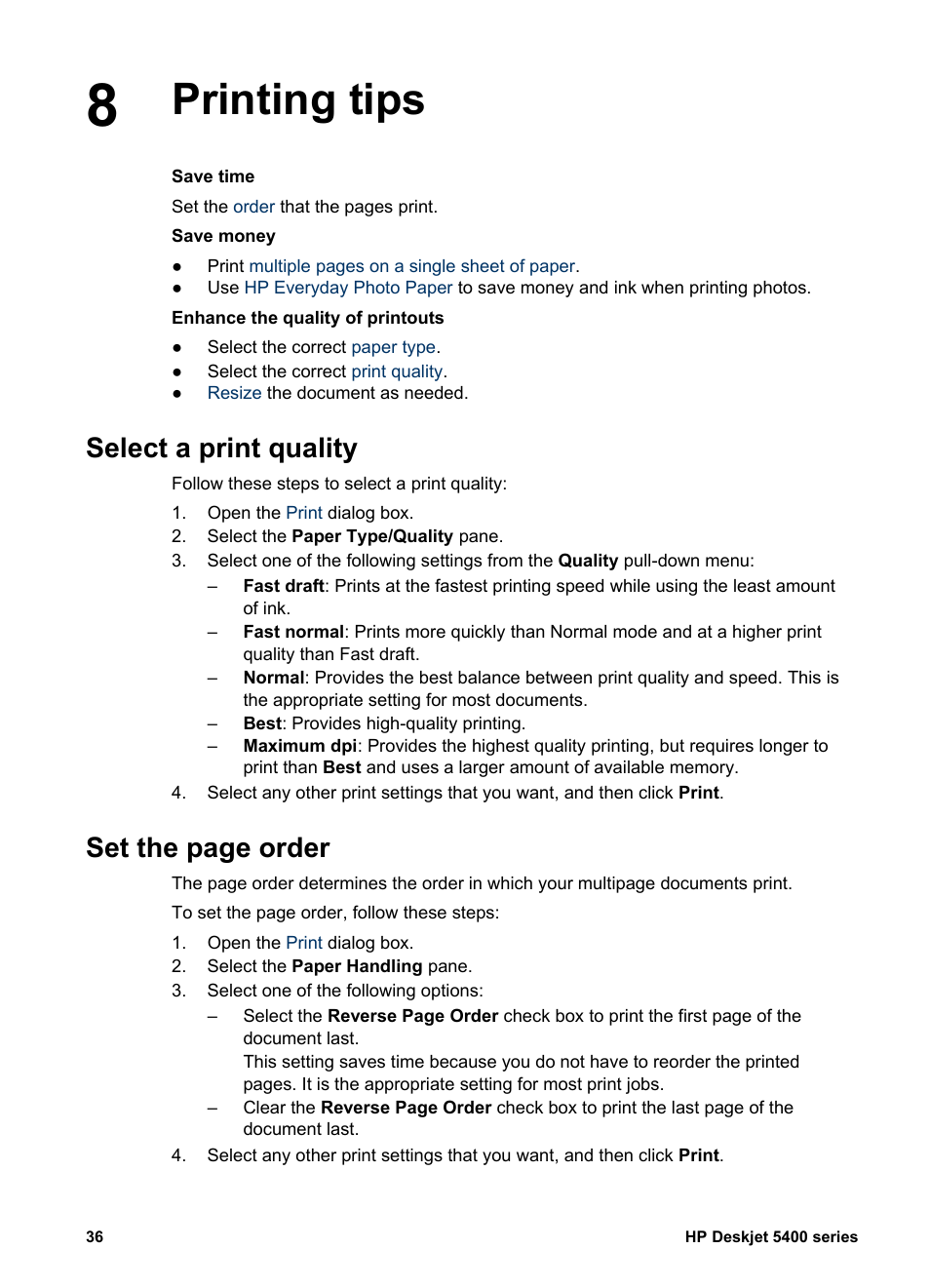 Printing tips, Select a print quality, Print quality | Printouts with, Set the page order | HP Deskjet 5440 Photo Printer User Manual | Page 38 / 80
