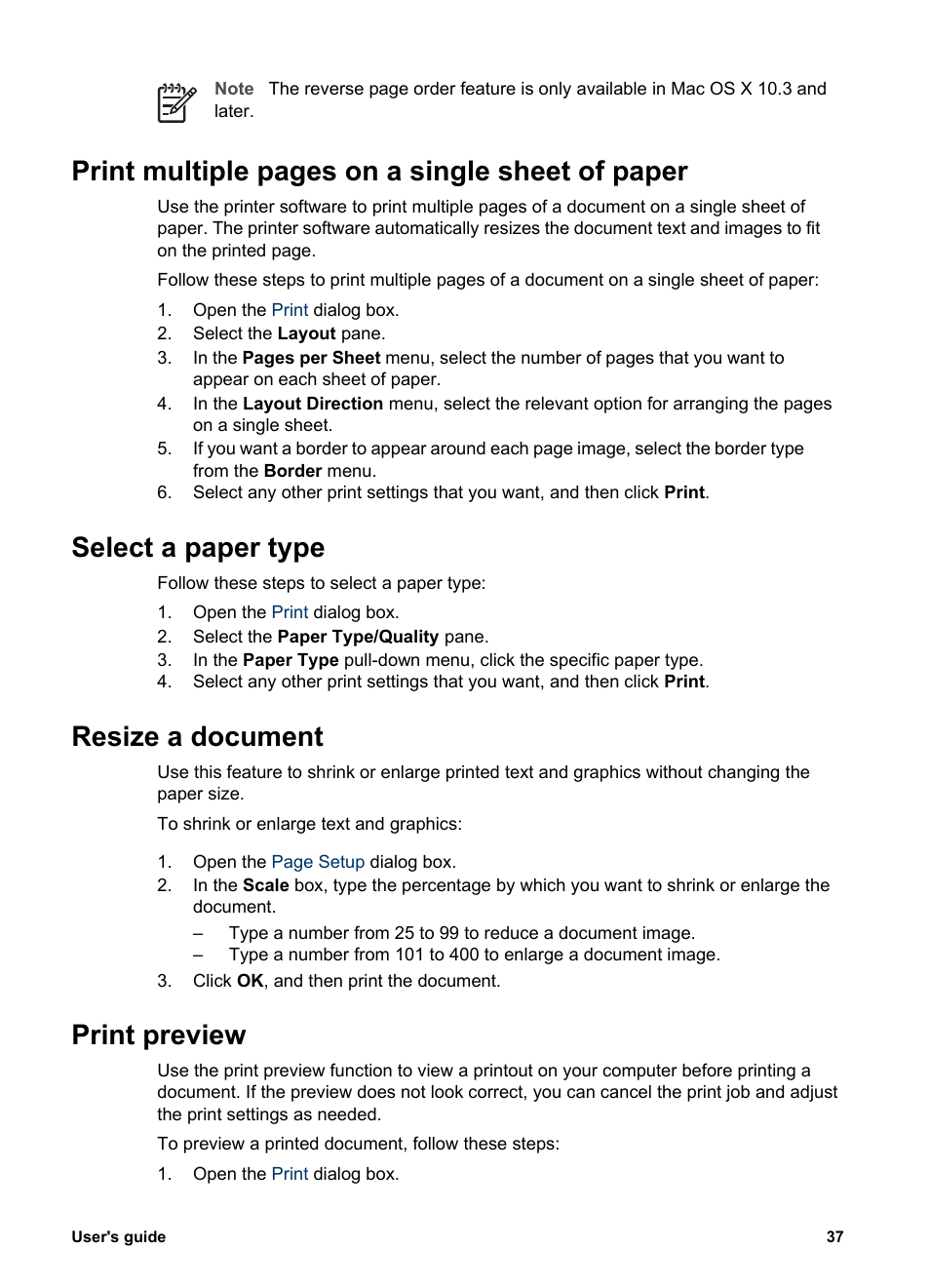 Select a paper type, Resize a document, Print preview | Paper type, Resize, The document as needed, Print multiple pages on a single sheet of paper | HP Deskjet 5440 Photo Printer User Manual | Page 39 / 80