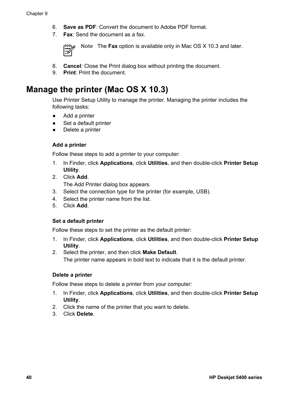 Manage the printer (mac os x 10.3) | HP Deskjet 5440 Photo Printer User Manual | Page 42 / 80