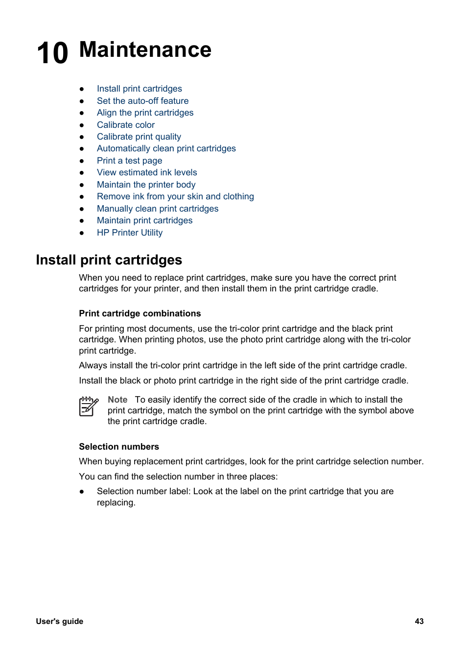 Maintenance, Install print cartridges, 10 maintenance | Print cartridge, Installation | HP Deskjet 5440 Photo Printer User Manual | Page 45 / 80