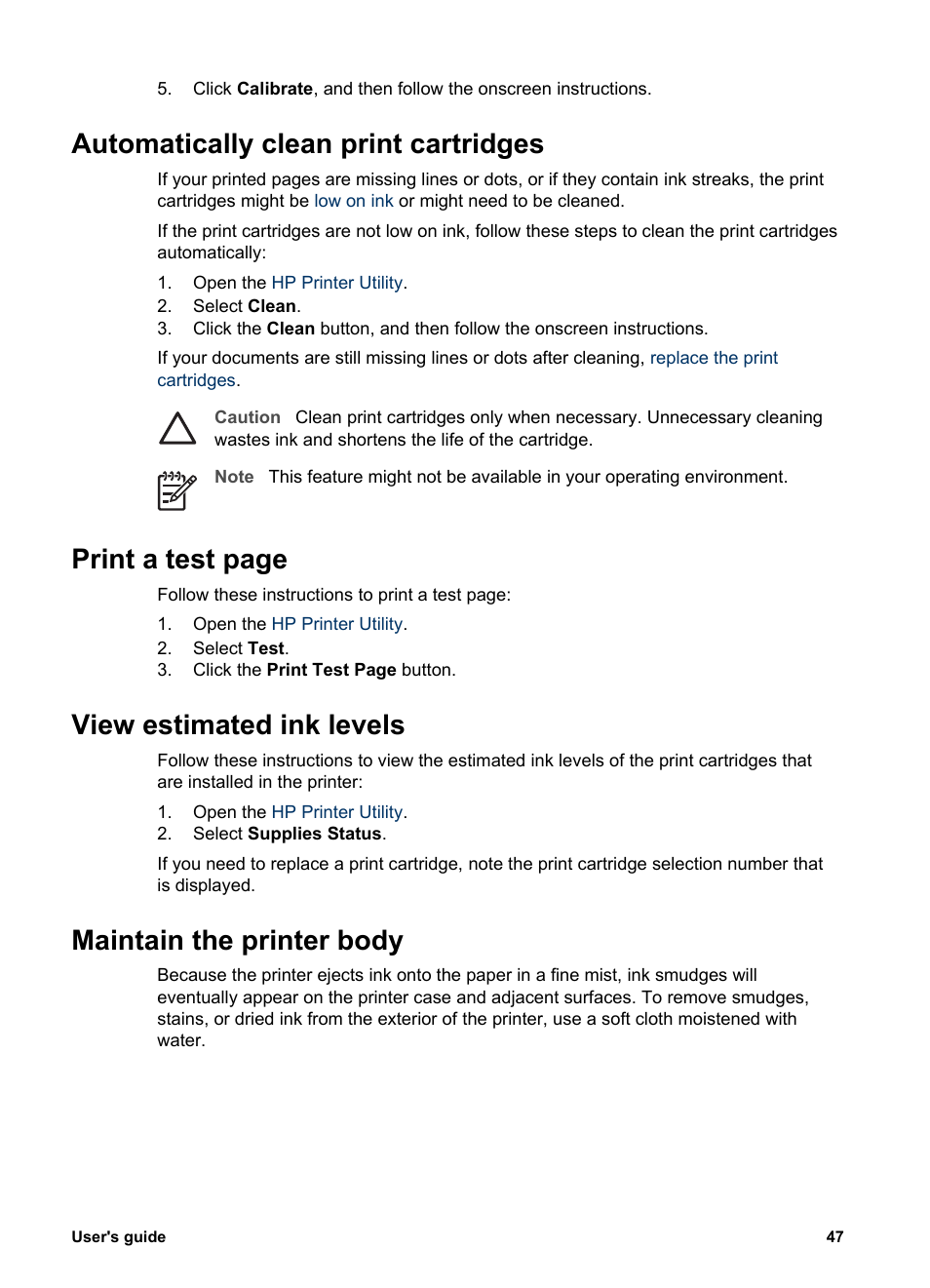 Automatically clean print cartridges, View estimated ink levels, Maintain the printer body | Clean the print cartridges, And then, Print a test page | HP Deskjet 5440 Photo Printer User Manual | Page 49 / 80