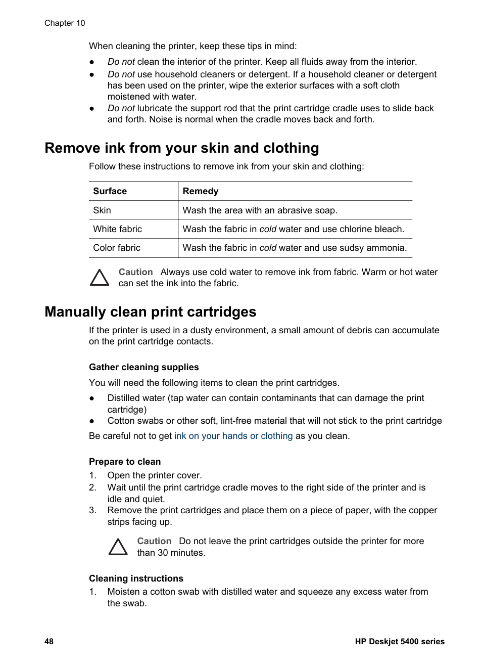 Remove ink from your skin and clothing, Manually clean print cartridges | HP Deskjet 5440 Photo Printer User Manual | Page 50 / 80