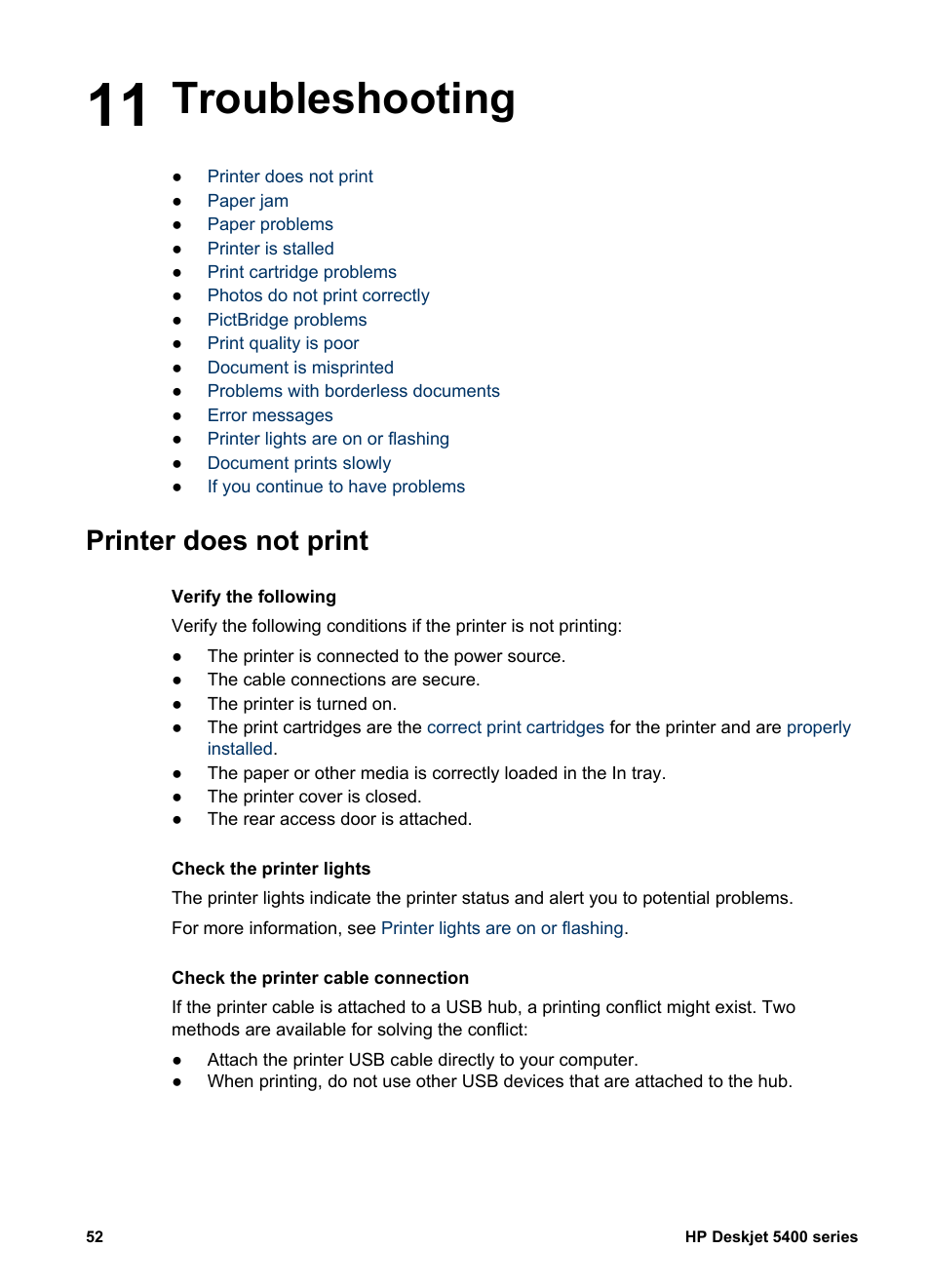 Troubleshooting, Printer does not print, 11 troubleshooting | HP Deskjet 5440 Photo Printer User Manual | Page 54 / 80