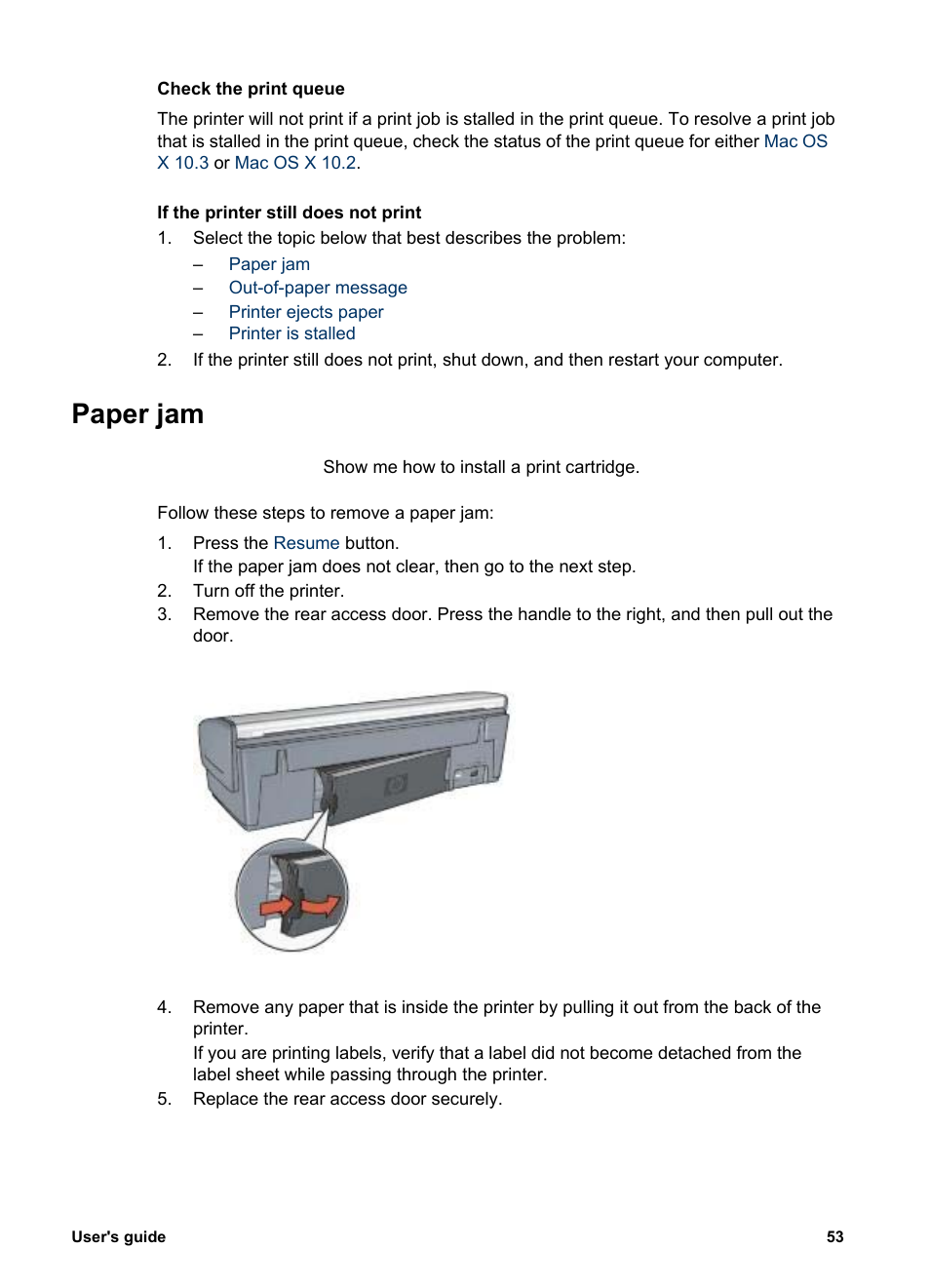 Paper jam | HP Deskjet 5440 Photo Printer User Manual | Page 55 / 80