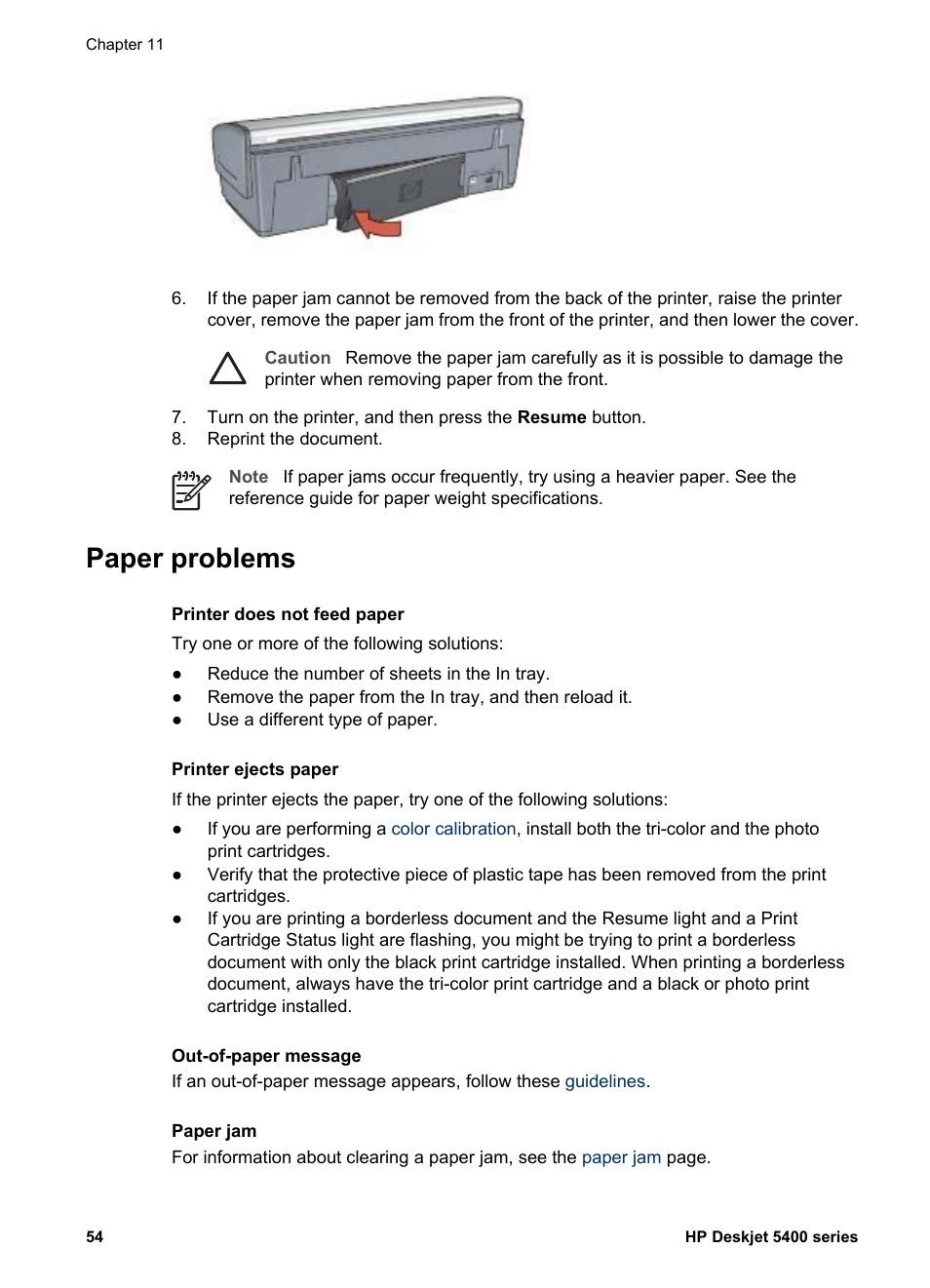 Paper problems, Printer ejects paper | HP Deskjet 5440 Photo Printer User Manual | Page 56 / 80