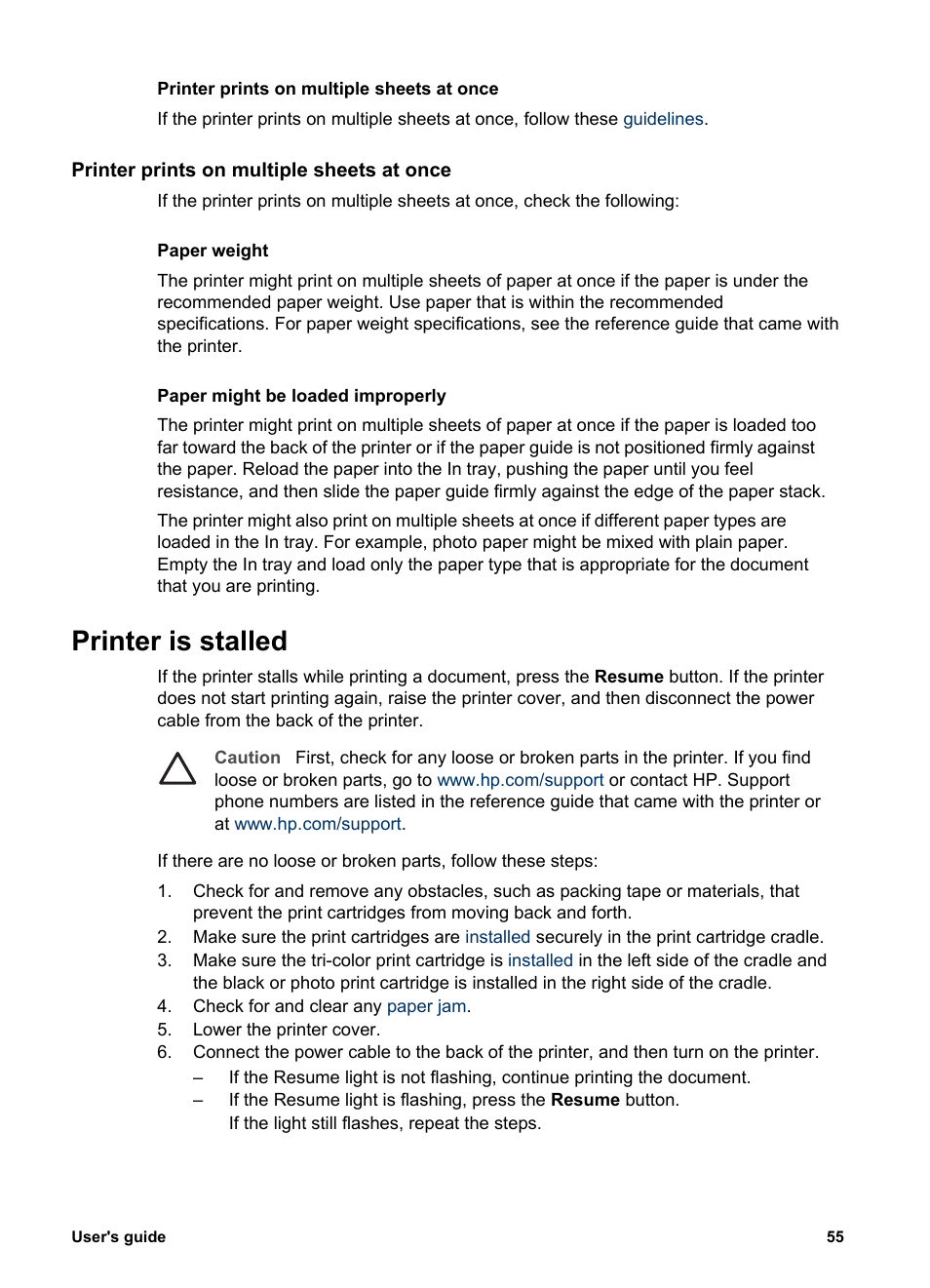 Printer prints on multiple sheets at once, Printer is stalled | HP Deskjet 5440 Photo Printer User Manual | Page 57 / 80