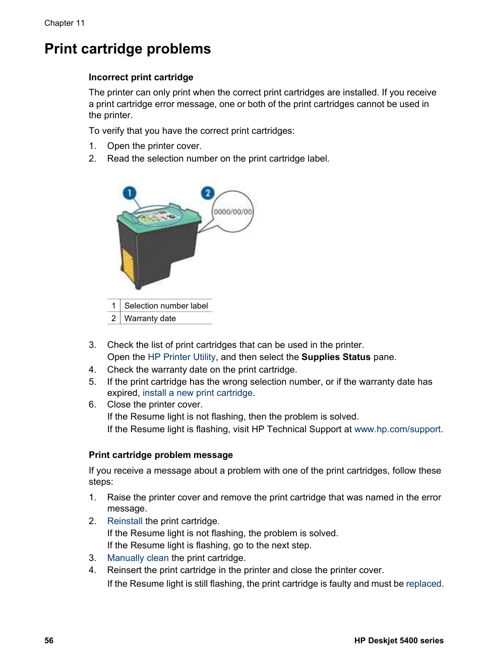 Print cartridge problems | HP Deskjet 5440 Photo Printer User Manual | Page 58 / 80
