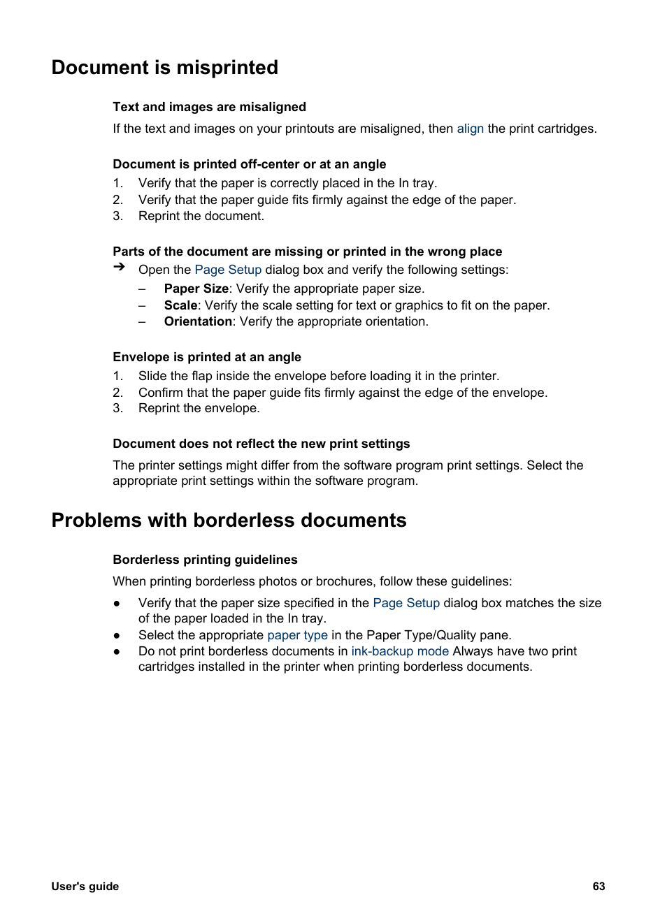 Document is misprinted, Problems with borderless documents | HP Deskjet 5440 Photo Printer User Manual | Page 65 / 80