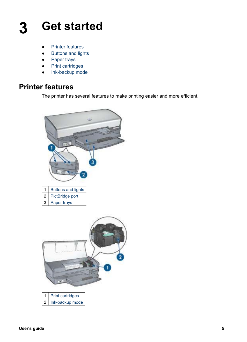 Get started, Printer features, Get started printer features | HP Deskjet 5440 Photo Printer User Manual | Page 7 / 80