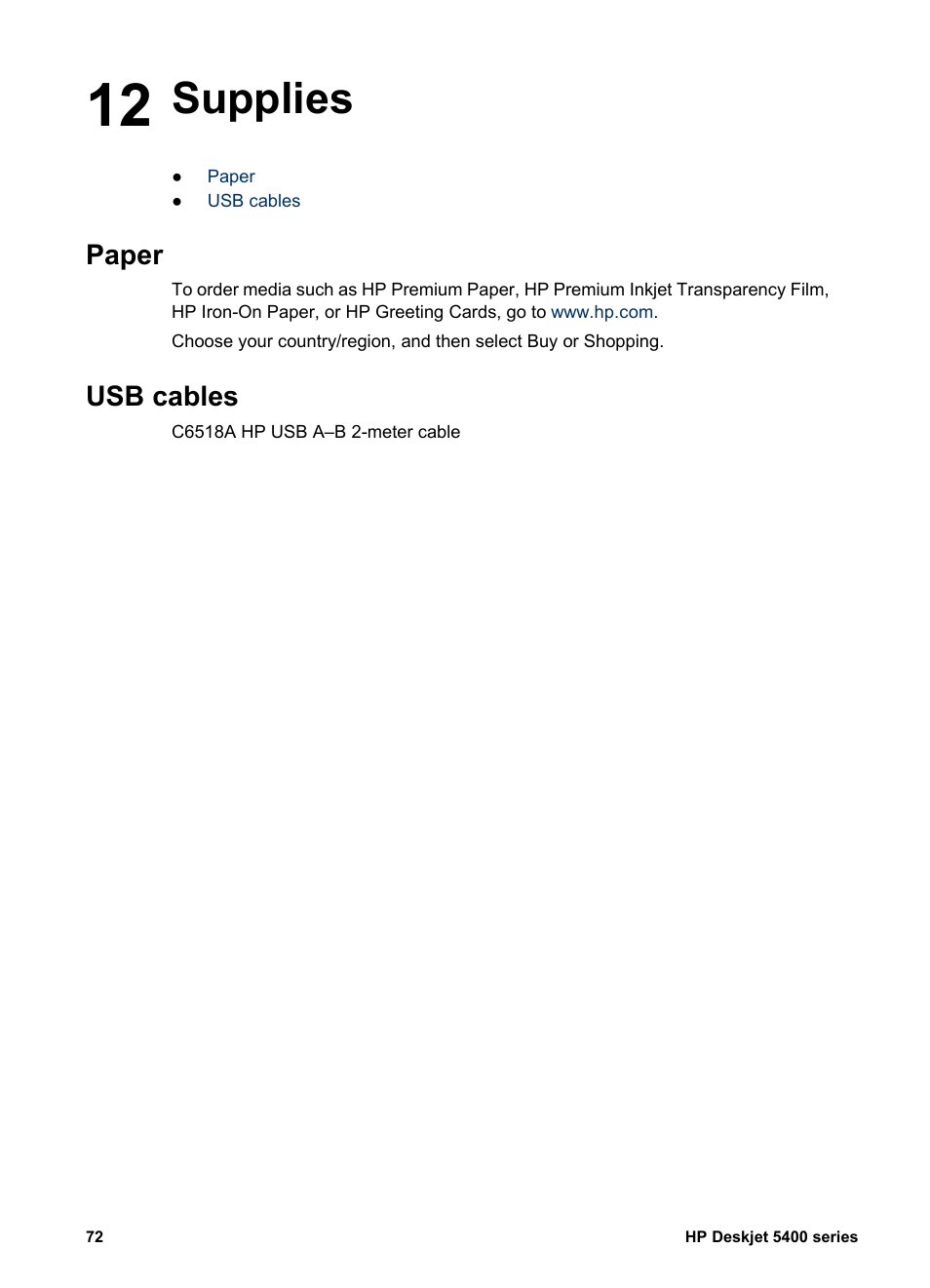 Supplies, Paper, Usb cables | 12 supplies, Paper usb cables | HP Deskjet 5440 Photo Printer User Manual | Page 74 / 80