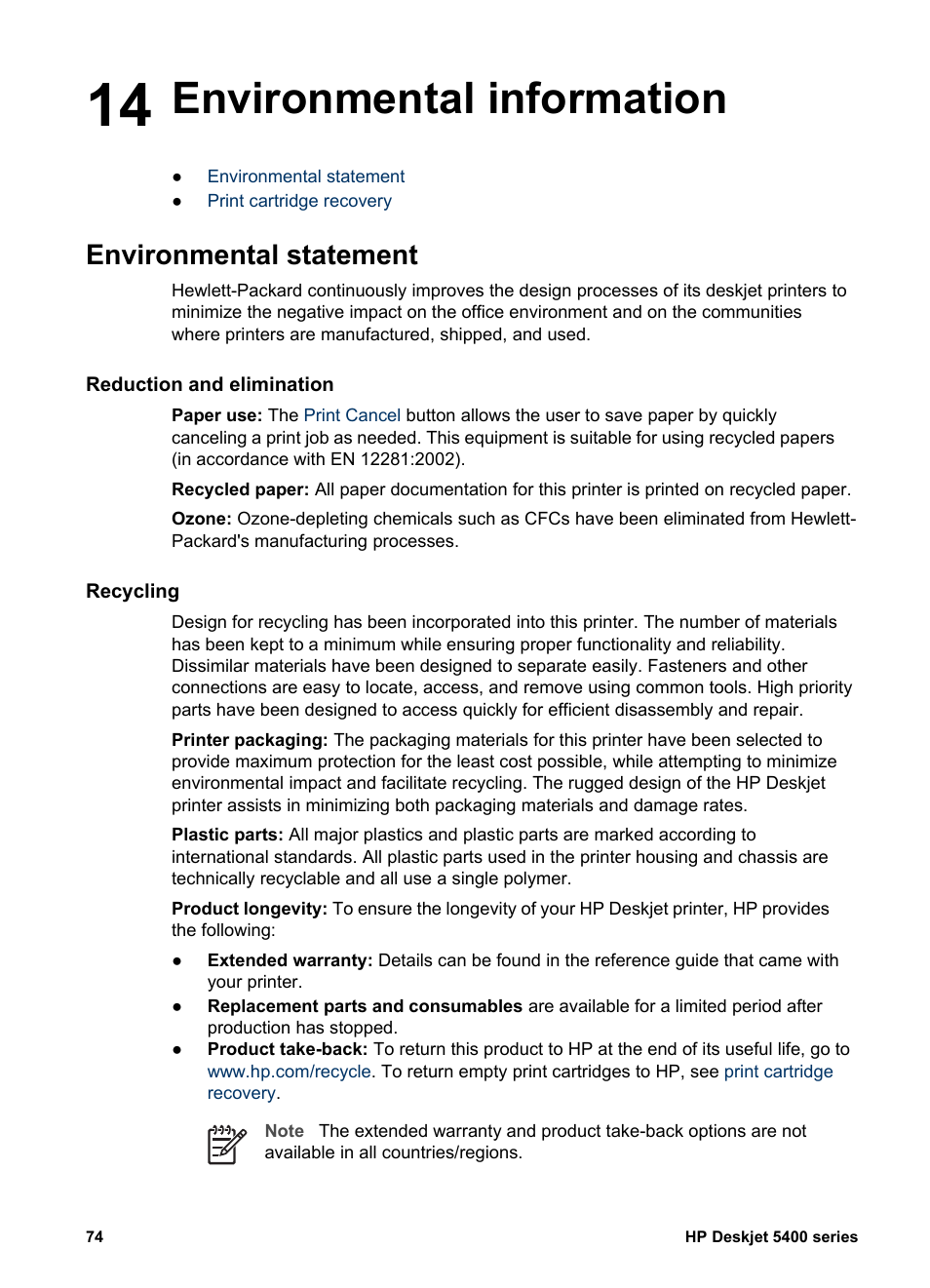 Environmental information, Environmental statement, Reduction and elimination | Recycling, 14 environmental information | HP Deskjet 5440 Photo Printer User Manual | Page 76 / 80