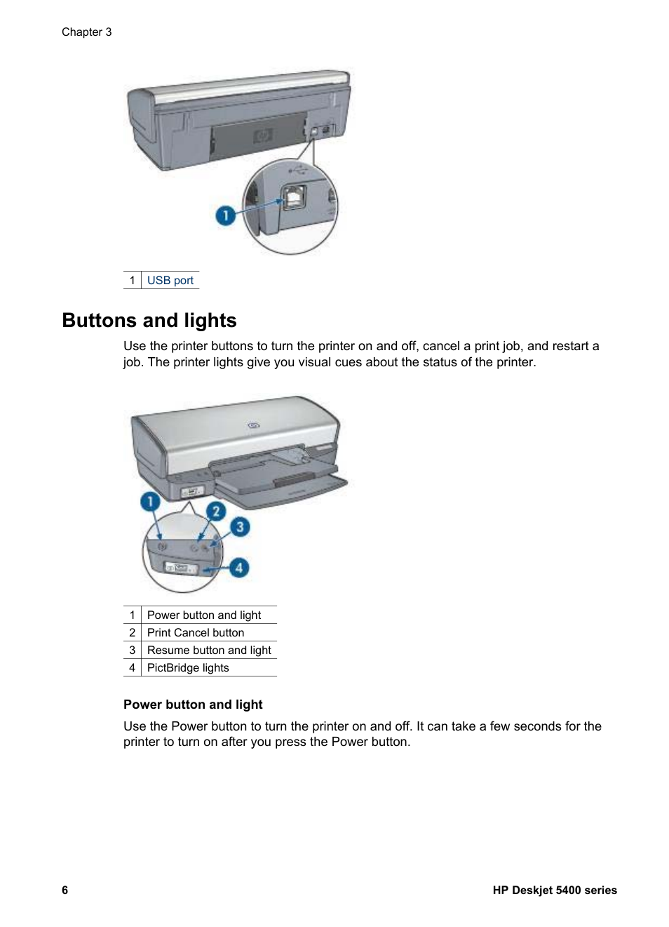 Buttons and lights | HP Deskjet 5440 Photo Printer User Manual | Page 8 / 80