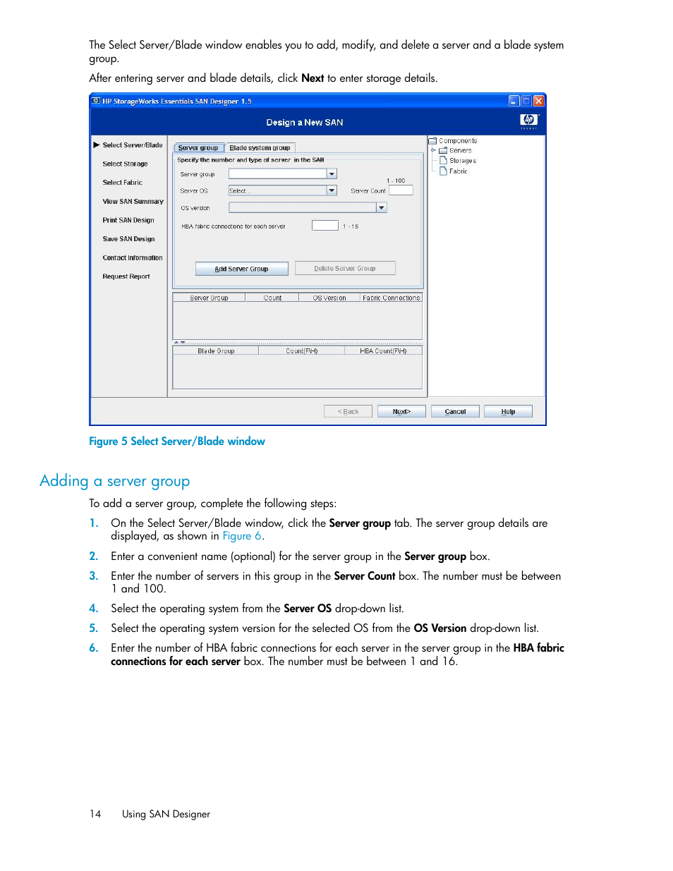 Adding a server group, Select server/blade window | HP SAN User Manual | Page 14 / 38
