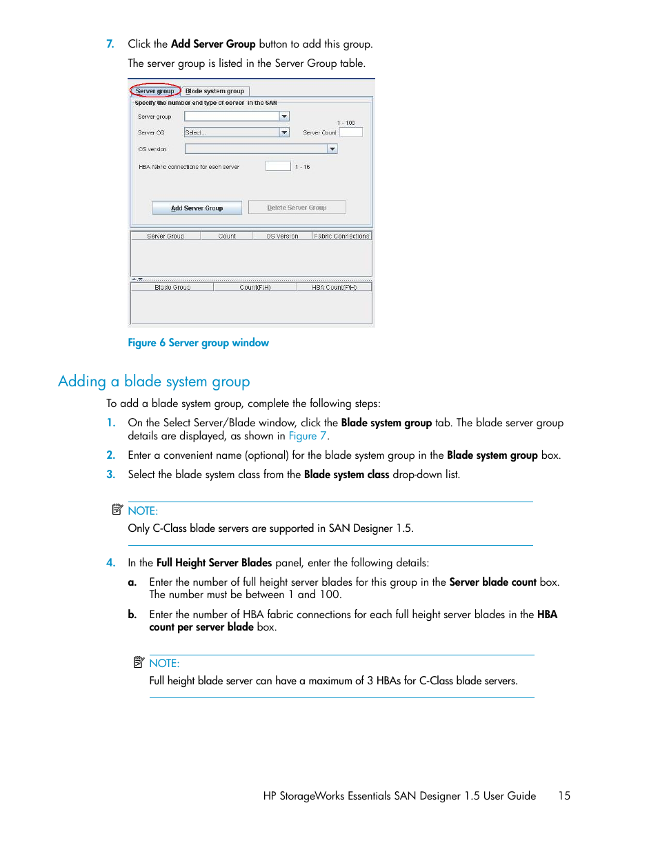 Adding a blade system group, Server group window | HP SAN User Manual | Page 15 / 38