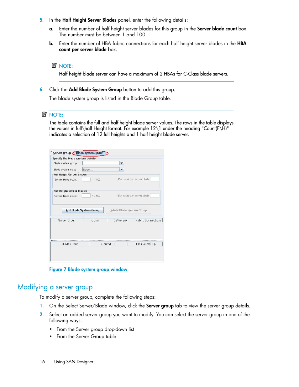 Modifying a server group, Blade system group window | HP SAN User Manual | Page 16 / 38