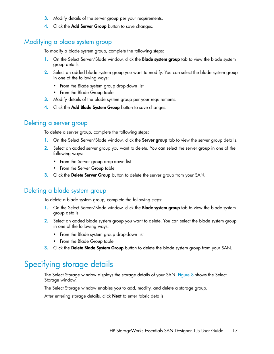 Modifying a blade system group, Deleting a server group, Deleting a blade system group | Specifying storage details, 17 deleting a server group, 17 deleting a blade system group | HP SAN User Manual | Page 17 / 38