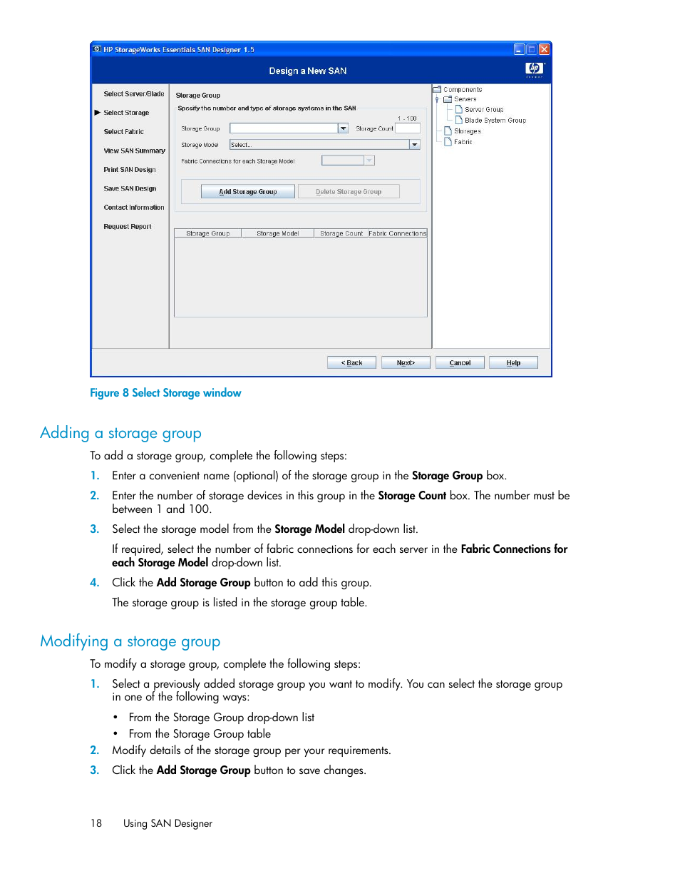 Adding a storage group, Modifying a storage group, 18 modifying a storage group | Select storage window | HP SAN User Manual | Page 18 / 38