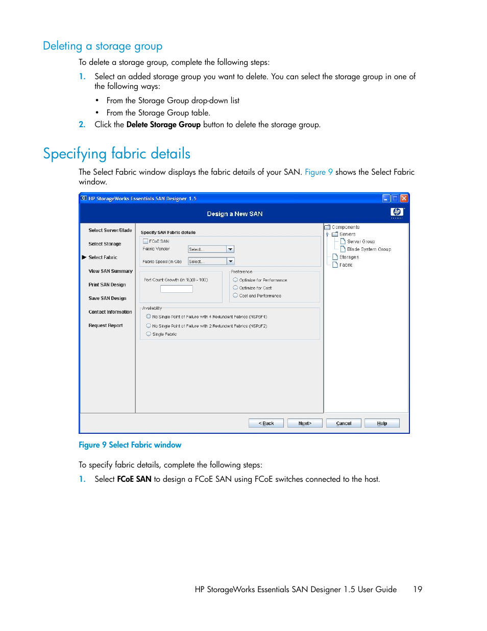 Deleting a storage group, Specifying fabric details, Select fabric window | HP SAN User Manual | Page 19 / 38