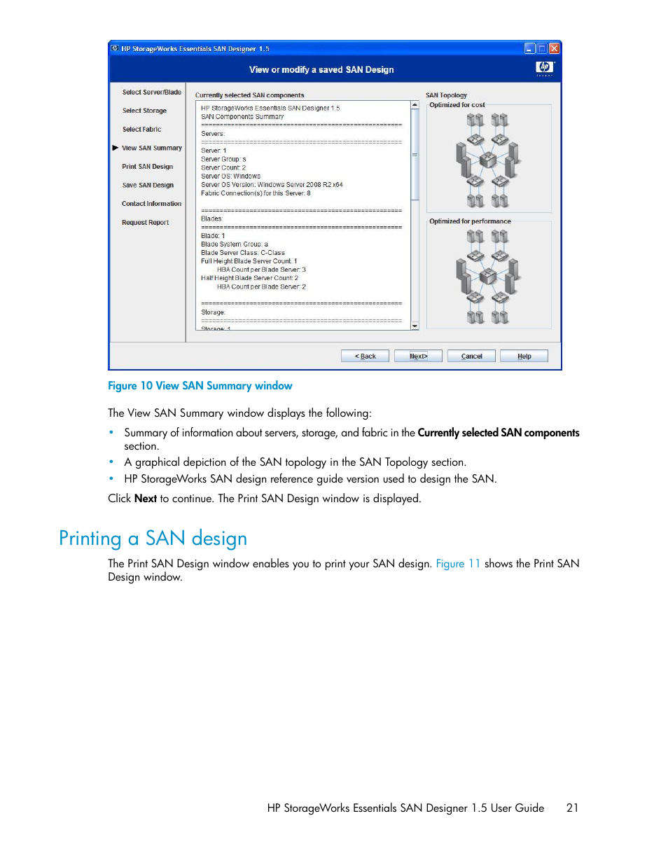 Printing a san design, View san summary window | HP SAN User Manual | Page 21 / 38