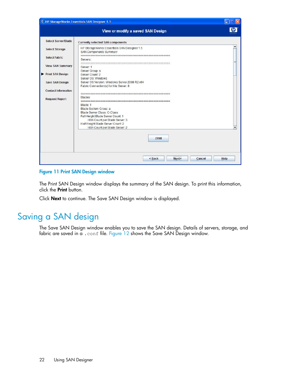 Saving a san design, Print san design window | HP SAN User Manual | Page 22 / 38