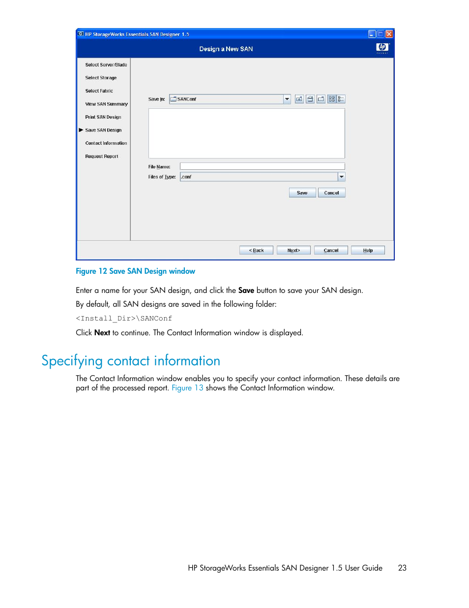 Specifying contact information, Save san design window | HP SAN User Manual | Page 23 / 38