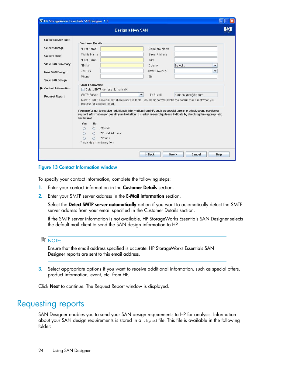 Requesting reports, Contact information window | HP SAN User Manual | Page 24 / 38