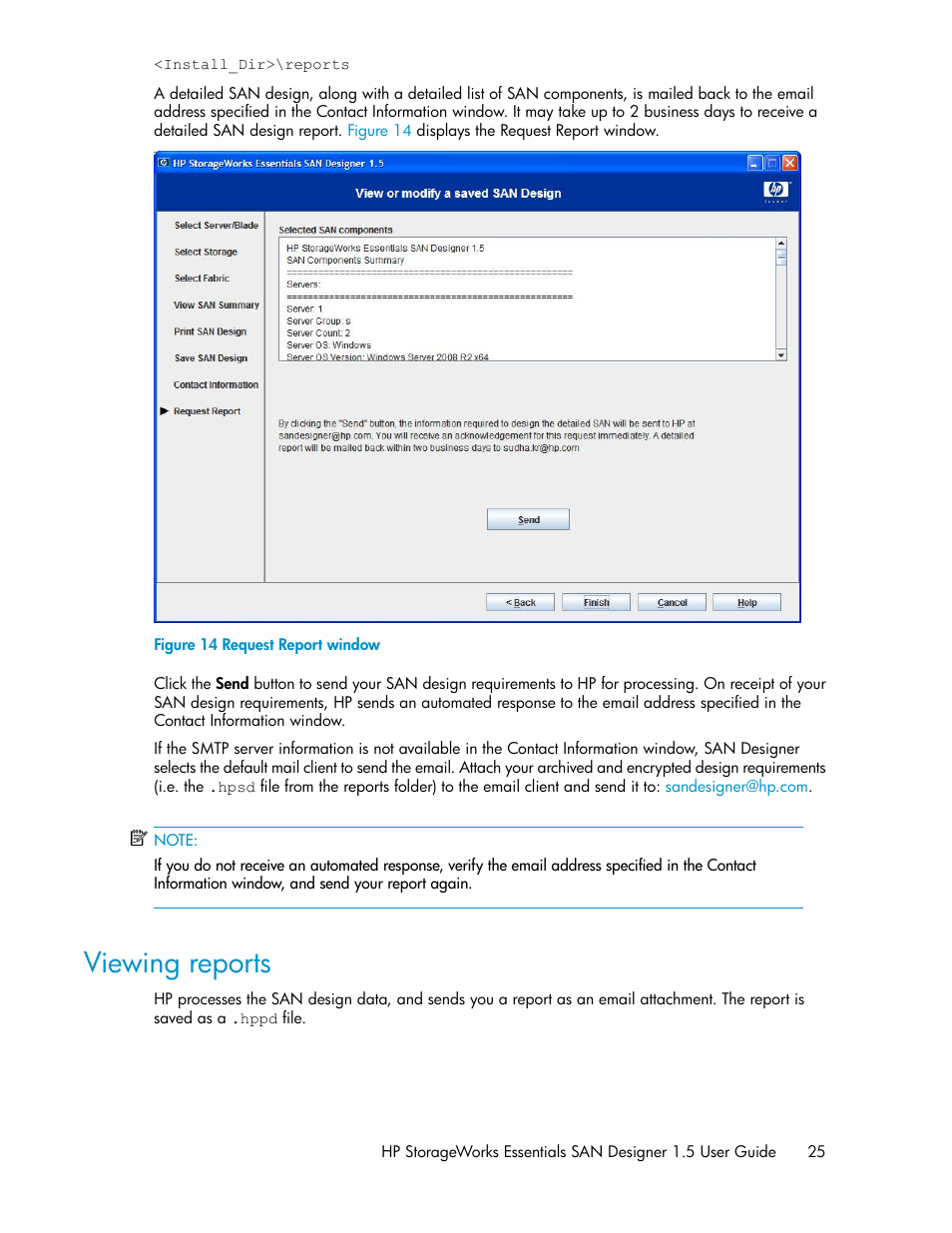 Viewing reports, Request report window | HP SAN User Manual | Page 25 / 38