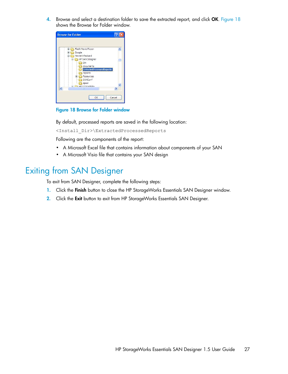 Exiting from san designer, Browse for folder window | HP SAN User Manual | Page 27 / 38