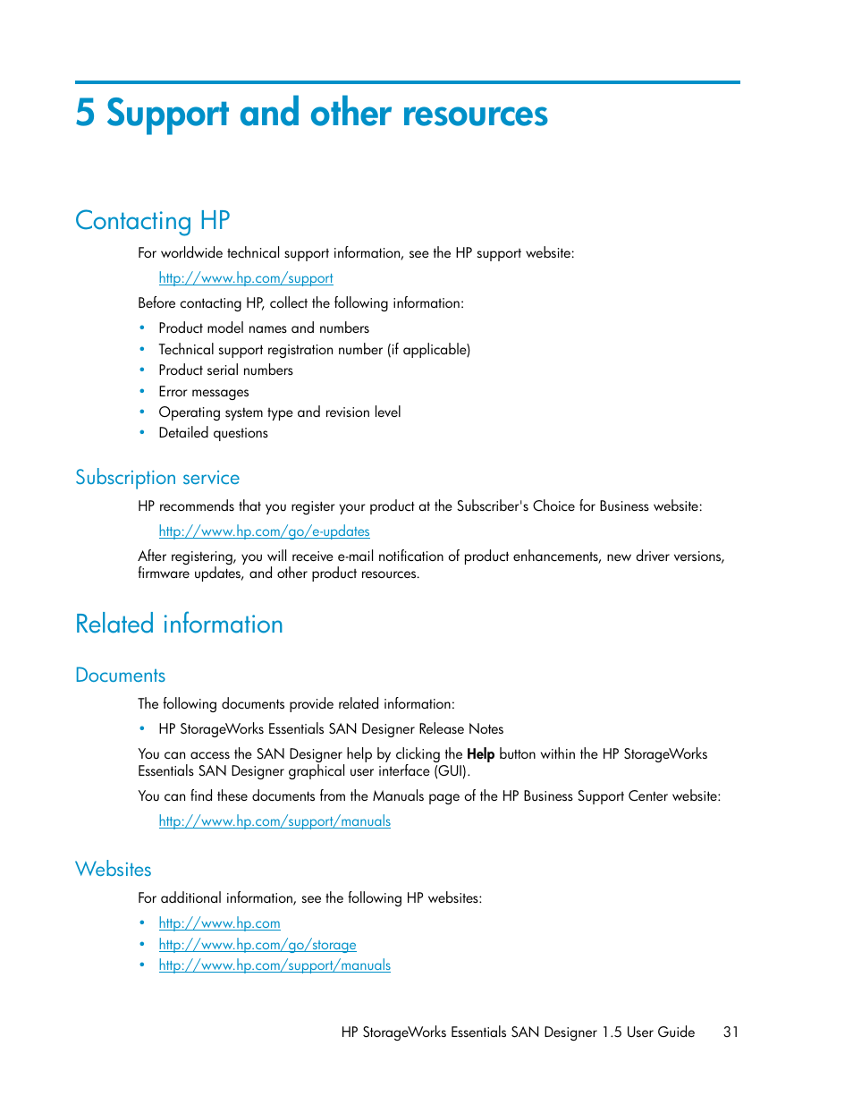 5 support and other resources, Contacting hp, Subscription service | Related information, Documents, Websites, 31 websites | HP SAN User Manual | Page 31 / 38