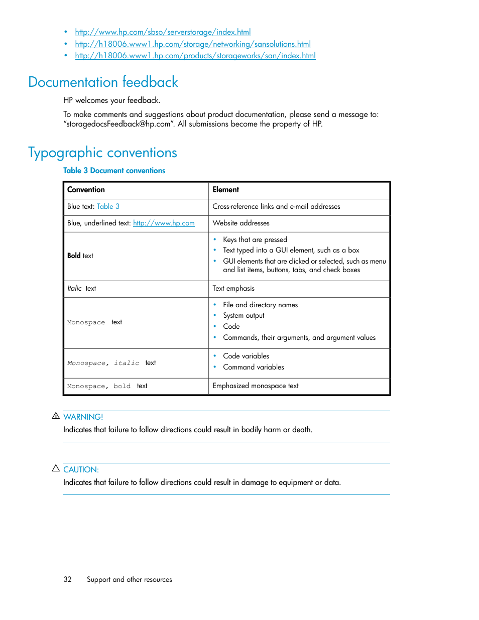 Documentation feedback, Typographic conventions, 32 typographic conventions | Document conventions | HP SAN User Manual | Page 32 / 38