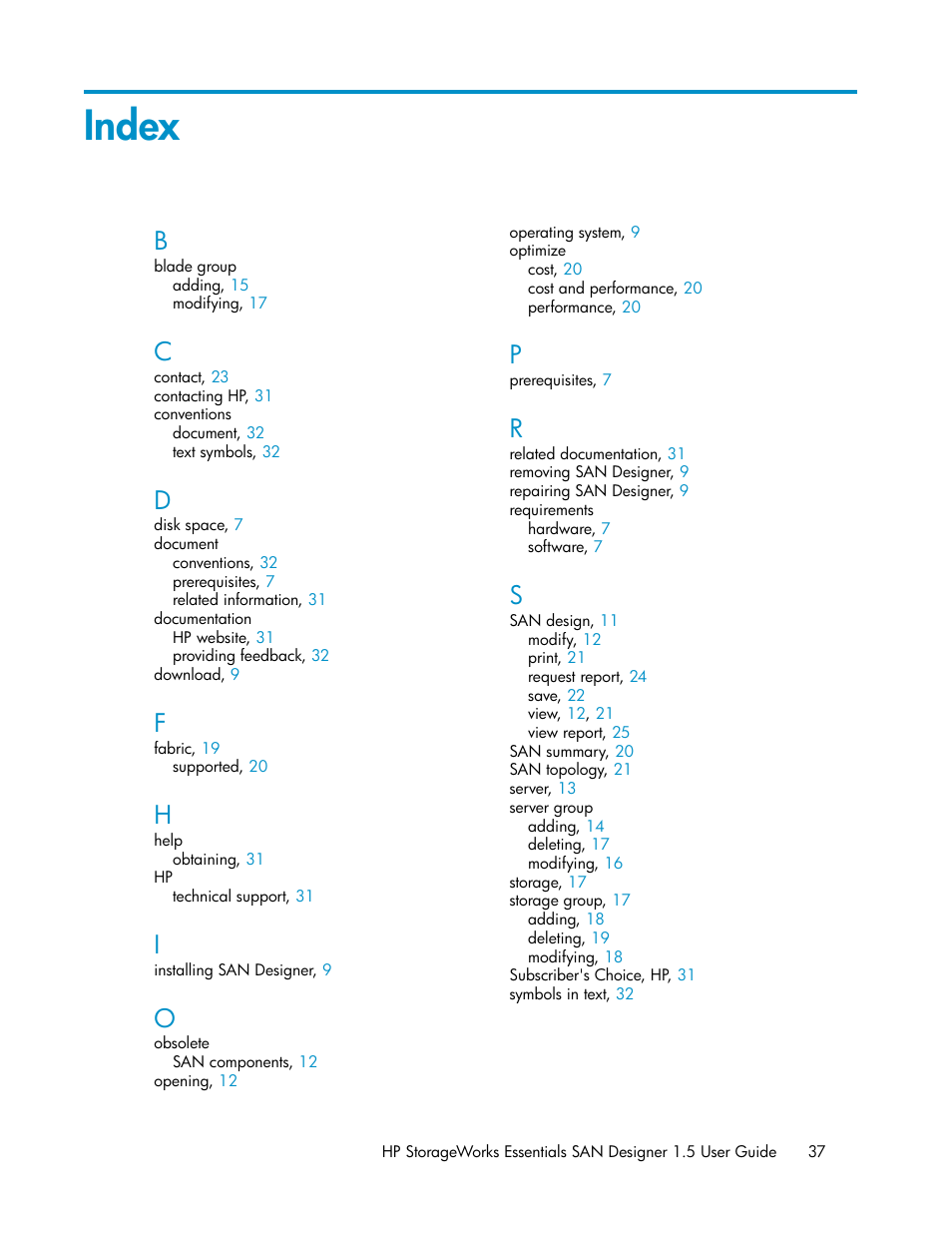 Index | HP SAN User Manual | Page 37 / 38