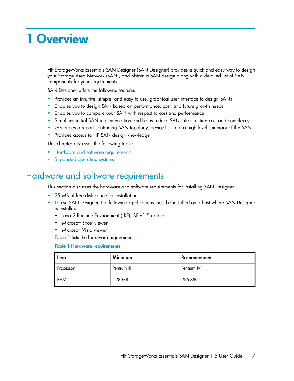 1 overview, Hardware and software requirements, Hardware requirements | HP SAN User Manual | Page 7 / 38