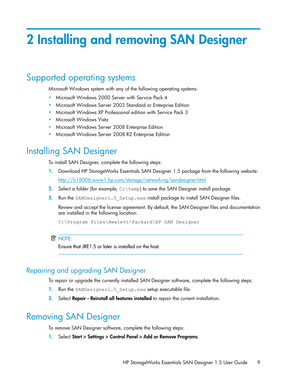 2 installing and removing san designer, Supported operating systems, Installing san designer | Repairing and upgrading san designer, Removing san designer, 9 installing san designer | HP SAN User Manual | Page 9 / 38