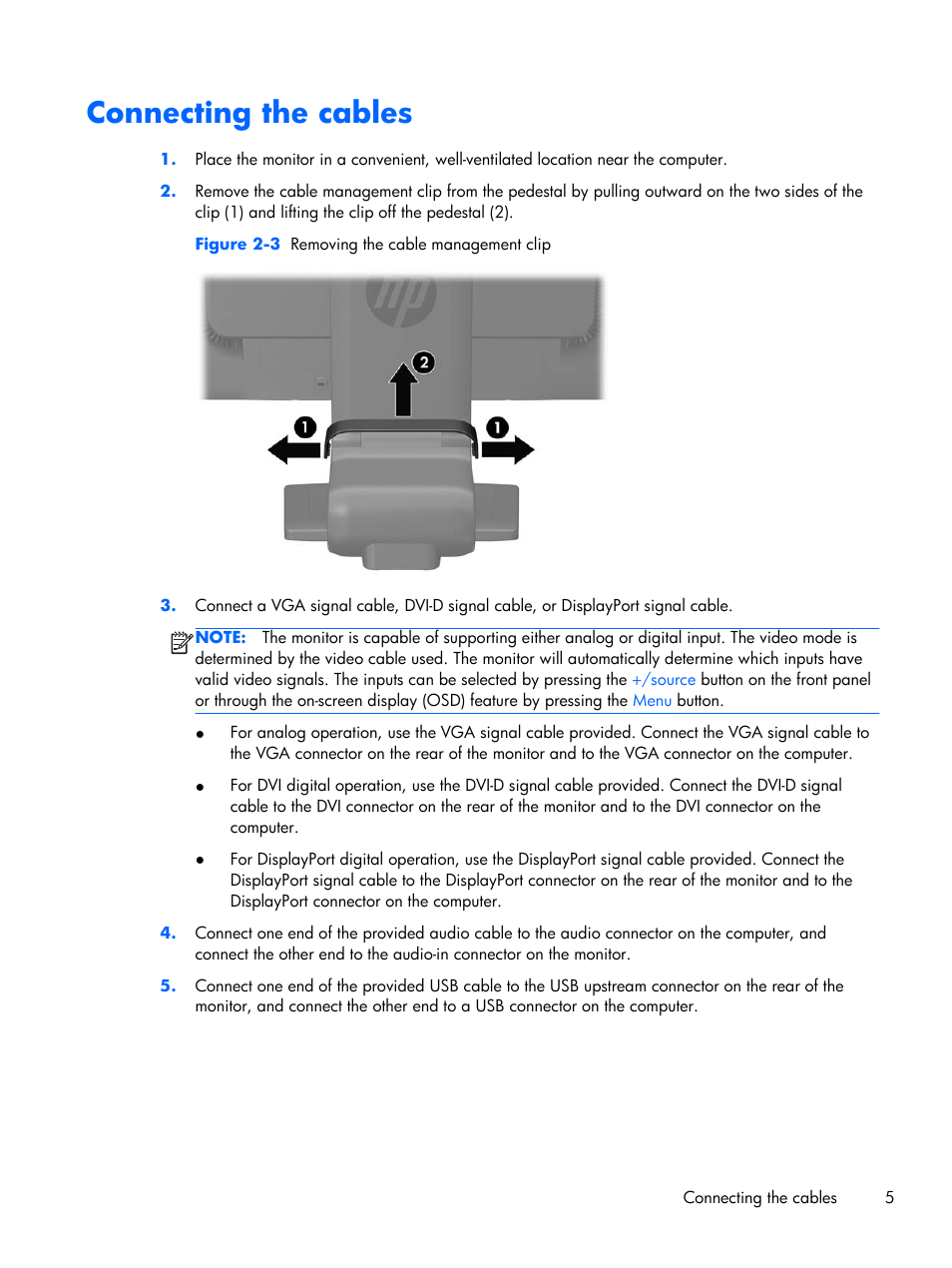 Connecting the cables | HP Compaq L2206tm 21.5-inch LED Backlit Touch Monitor User Manual | Page 11 / 33