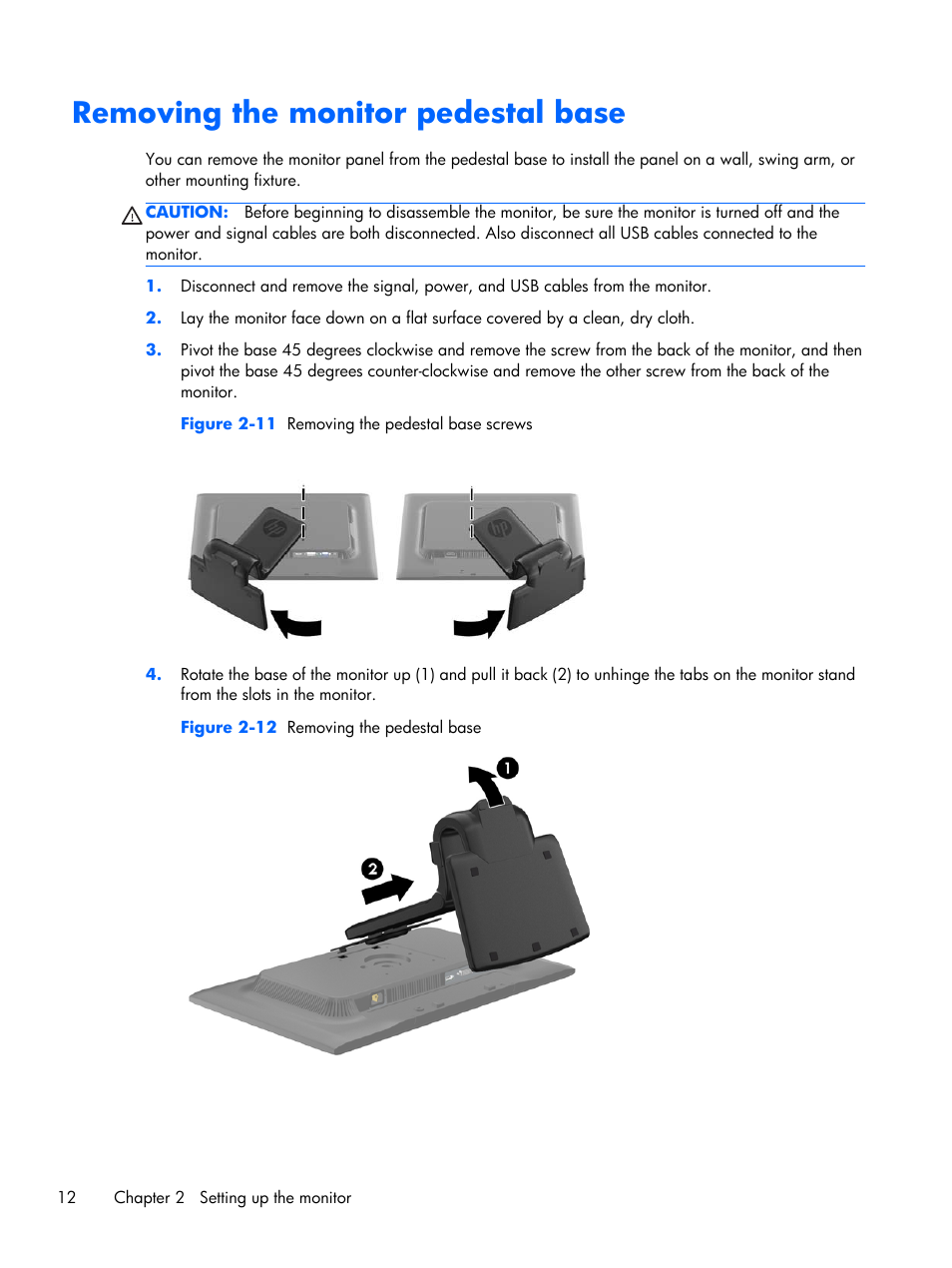 Removing the monitor pedestal base | HP Compaq L2206tm 21.5-inch LED Backlit Touch Monitor User Manual | Page 18 / 33