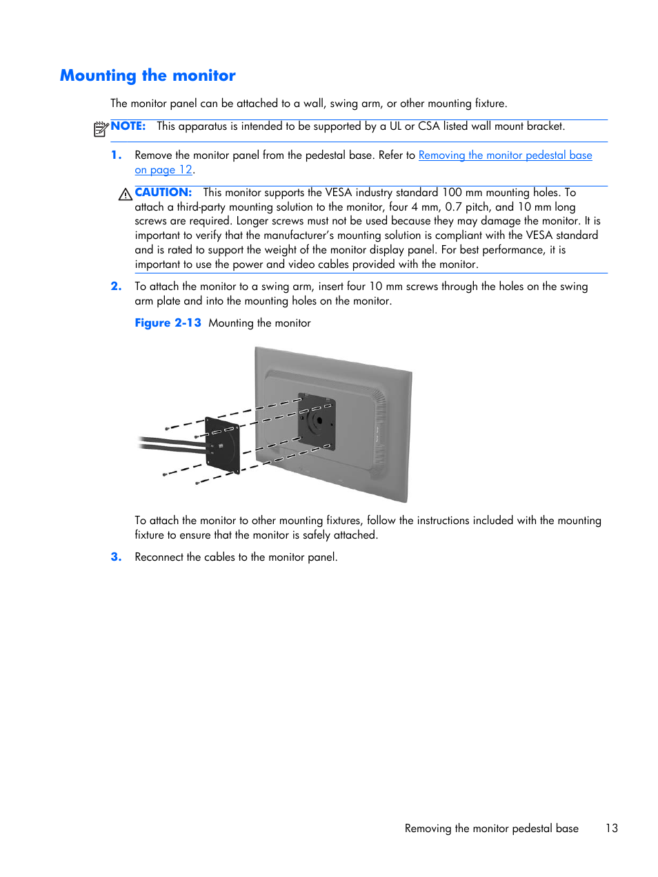 Mounting the monitor | HP Compaq L2206tm 21.5-inch LED Backlit Touch Monitor User Manual | Page 19 / 33